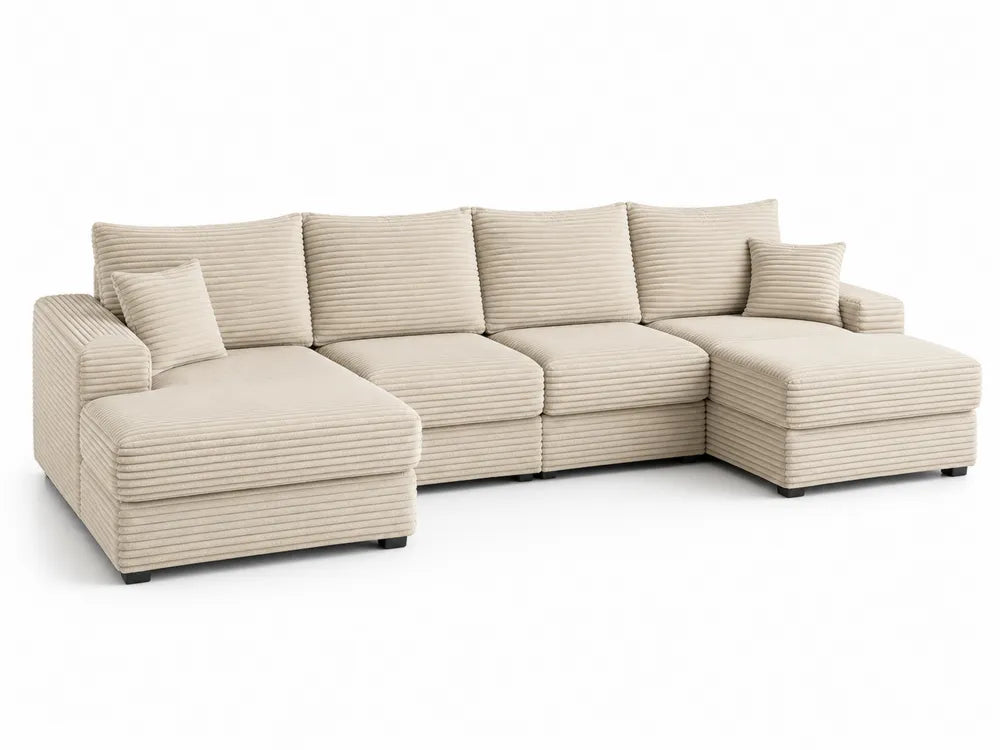 Divano ad Angolo in Tessuto a Coste Beige con Cuscini