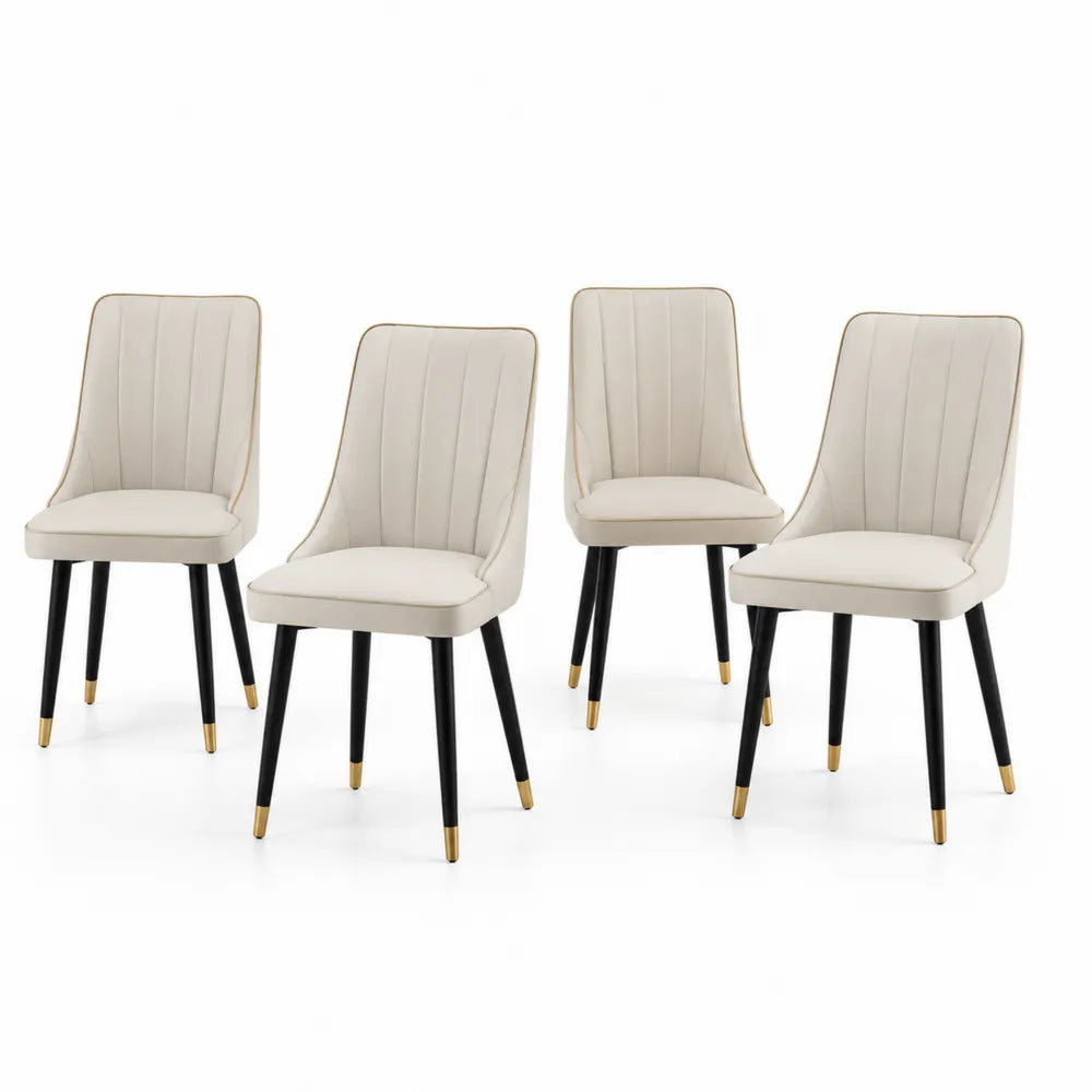 Set di 4 Sedie in Tessuto Crema con Gambe in Metallo e Dettagli Dorati