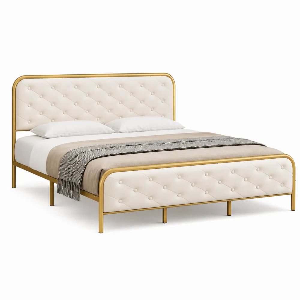 Letto matrimoniale in metallo dorato e tessuto trapuntato crema