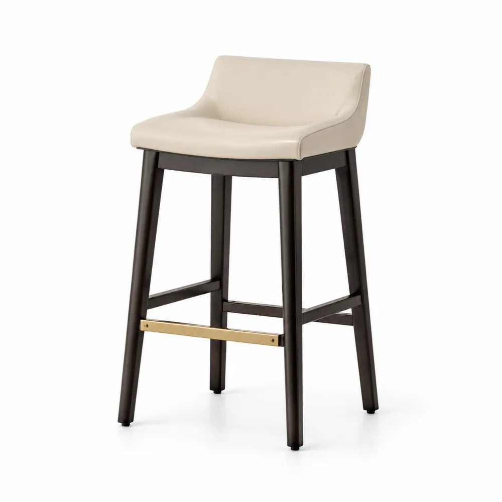 Sgabello da bar in legno con seduta in pelle beige