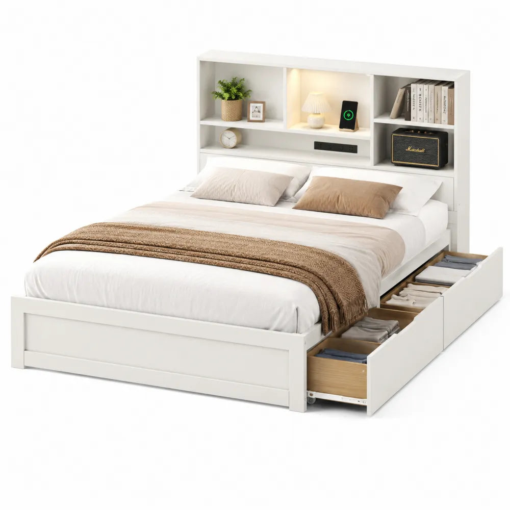 Letto matrimoniale in legno con scaffale e cassetti integrati