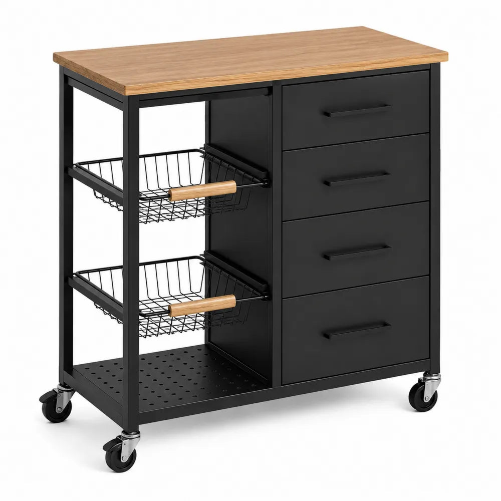 Carrello da Cucina in Metallo Nero con Piano in Legno di Bambù