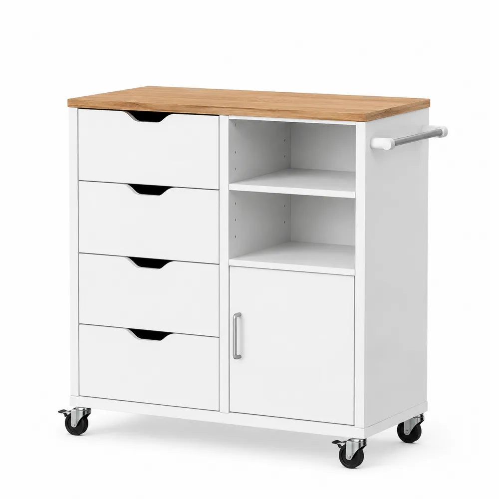 Carrello con Cassetti e Mensole in MDF Verniciato e Legno di Quercia Bianco
