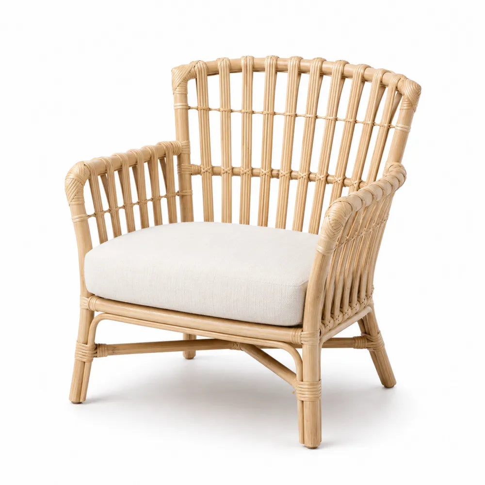 Poltrona in Rattan con Cuscino in Tessuto Beige