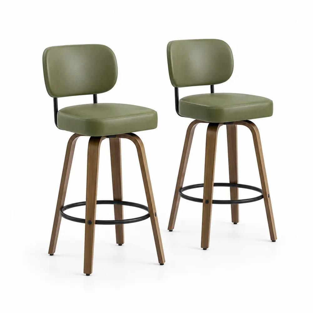 Set di sgabelli da bar girevoli in legno e PU verde