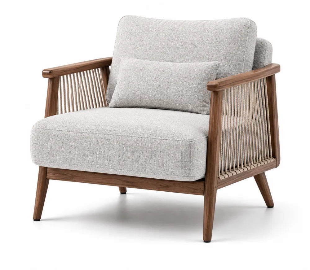 Poltrona in Tessuto Grigio con Struttura in Legno e Corda