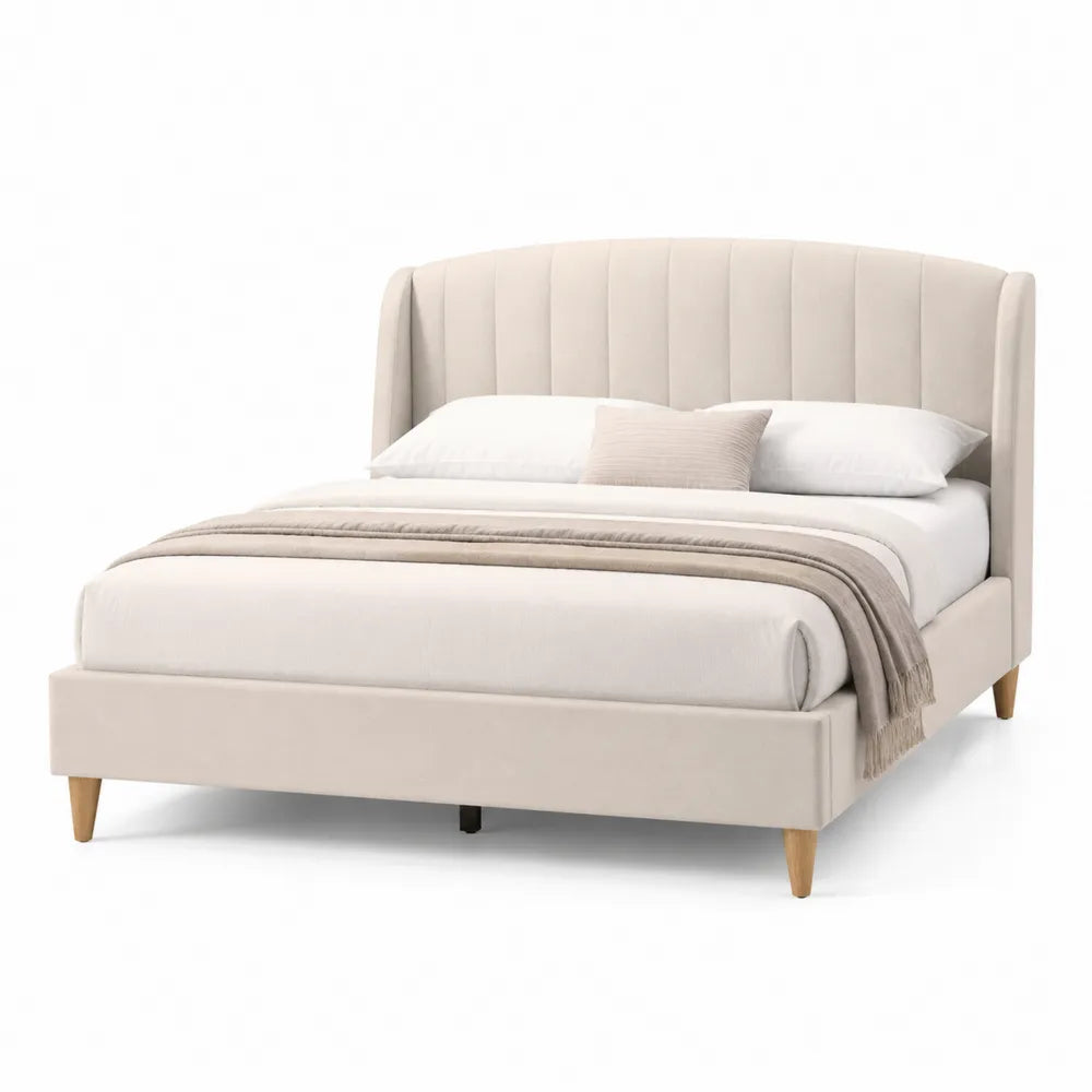 Letto imbottito in tessuto beige con struttura in legno