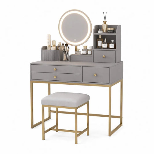 Tavolo da Toilette in MDF Grigio con Specchio Rotondo Luminoso e Sgabello in Tessuto