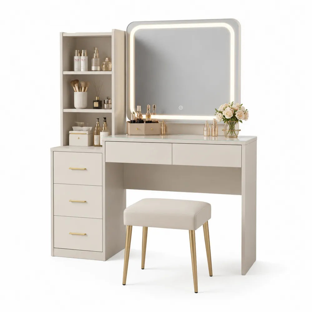 Toeletta in Legno con Specchio LED e Sgabello Imbottito