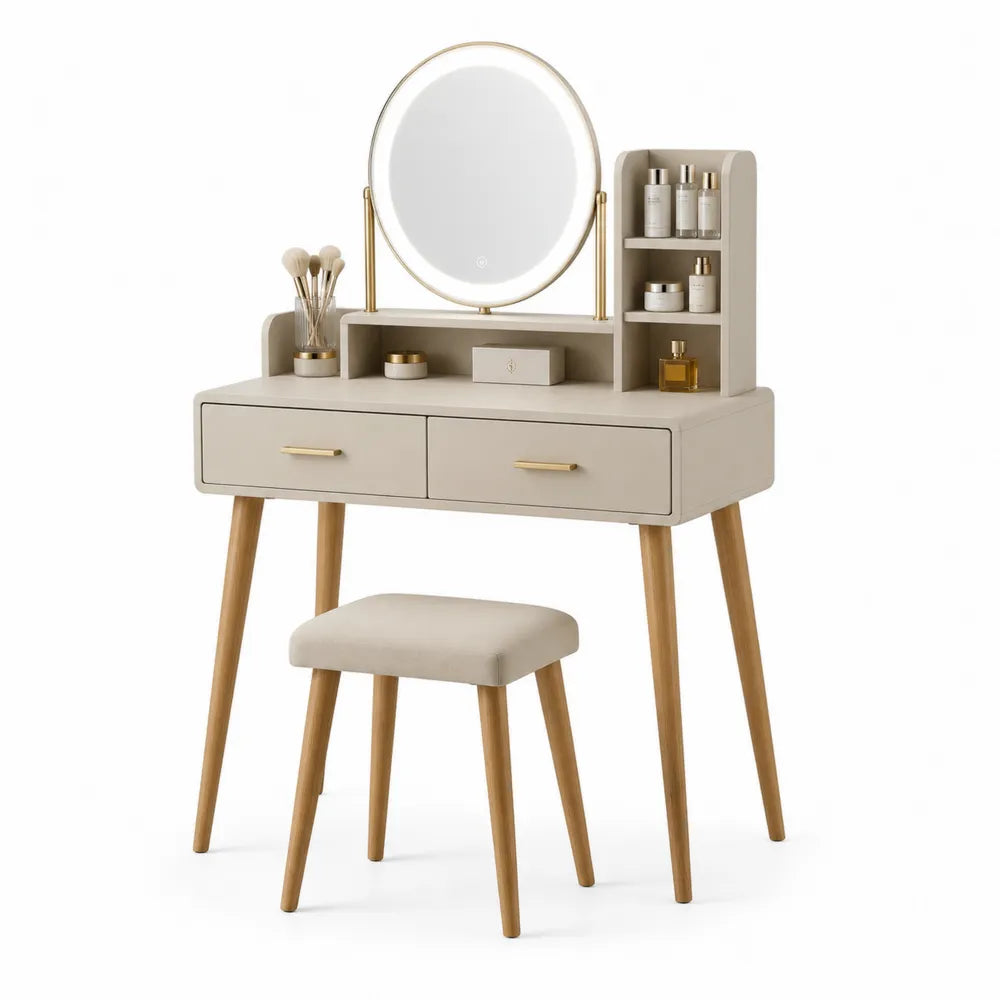 Toeletta con Specchio Rotondo Illuminato, Legno e MDF, Beige