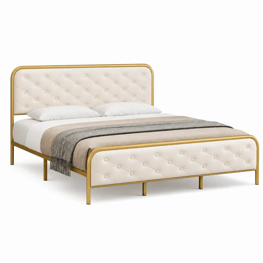 Letto matrimoniale in metallo dorato e tessuto trapuntato crema