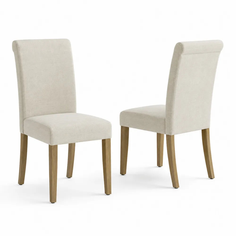 Set di 2 Sedie da Pranzo in Tessuto Beige con Gambe in Legno
