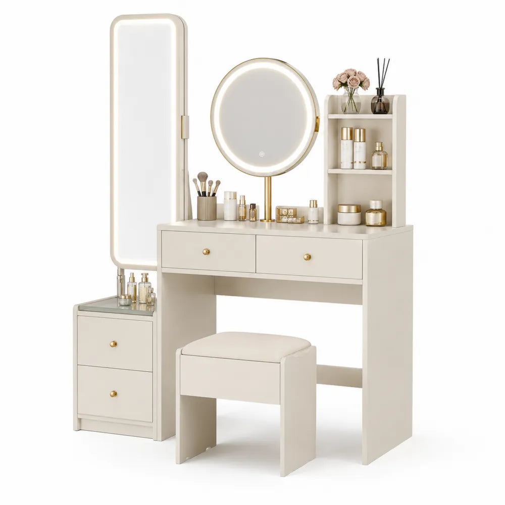 Set toeletta avorio con specchio LED e sgabello in MDF
