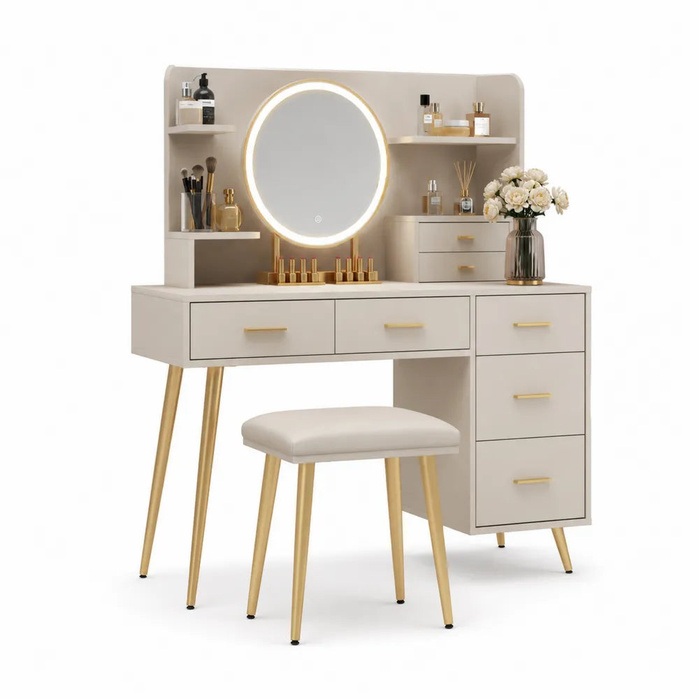 Toeletta con Specchio LED e Sgabello, Beige, Legno e Metallo
