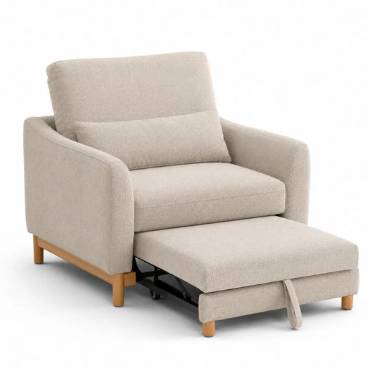Poltrona reclinabile in tessuto beige con gambe in legno