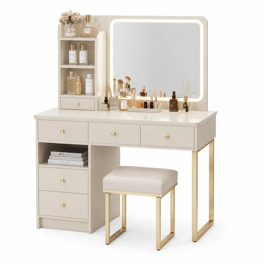 Toletta in Legno e Metallo con Specchio LED e Sgabello, Beige e Oro