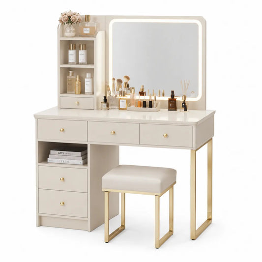 Toletta in Legno e Metallo con Specchio LED e Sgabello, Beige e Oro