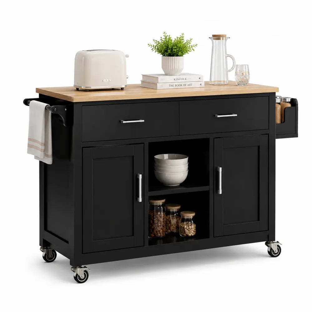 Carrello da Cucina in Legno con Piano in Rovere e Ruote