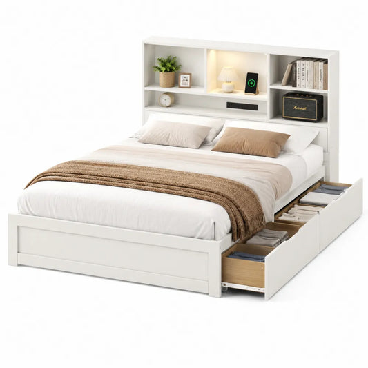 Letto matrimoniale in legno con scaffale e cassetti integrati