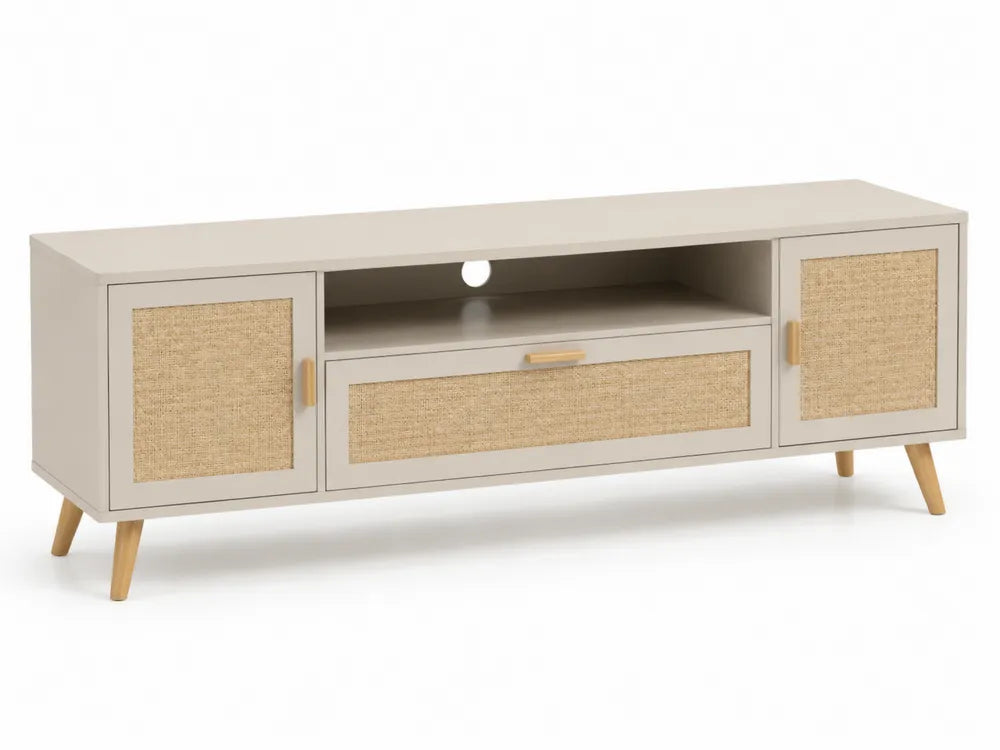 Mobile TV in MDF con ante in rattan e gambe in legno 150x40x50 cm