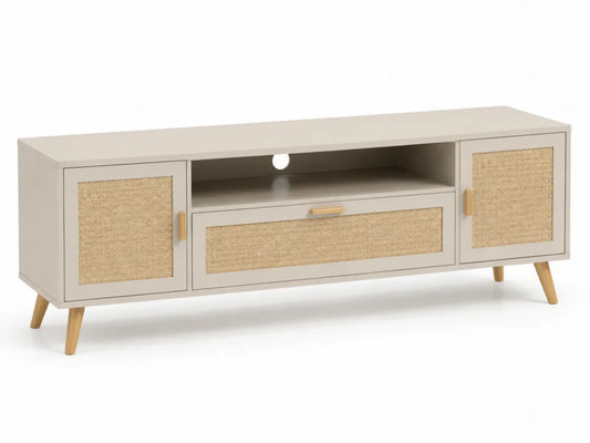 Mobile TV in MDF con ante in rattan e gambe in legno 150x40x50 cm