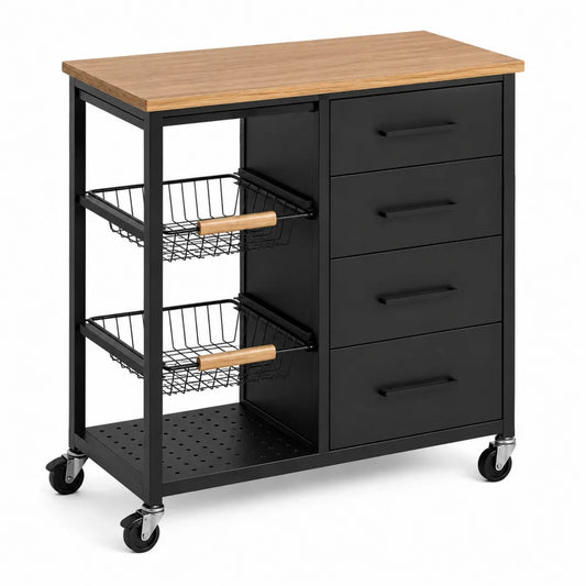 Carrello da Cucina in Metallo Nero con Piano in Legno di Bambù