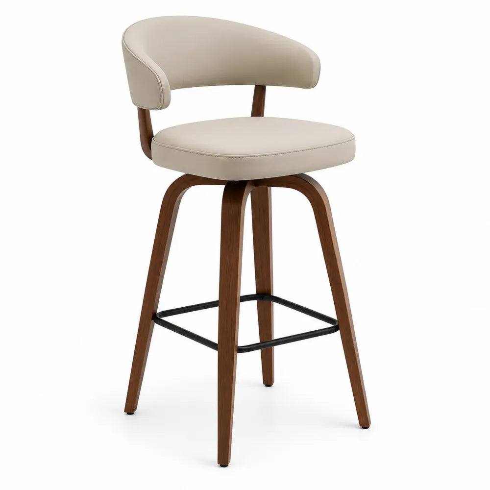 Sgabello da bar in pelle sintetica beige con gambe in legno massello