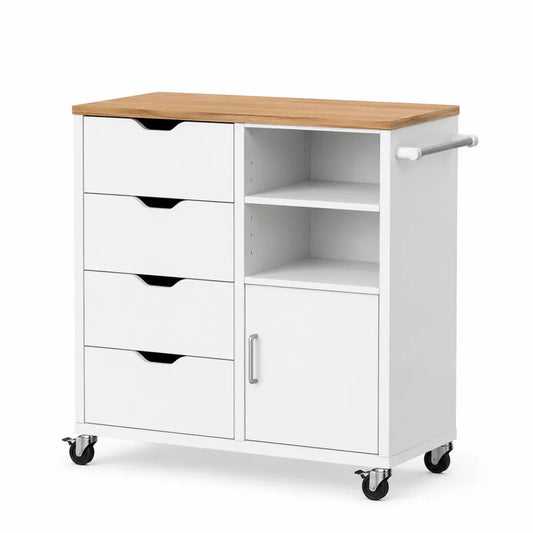 Carrello con Cassetti e Mensole in MDF Verniciato e Legno di Quercia Bianco