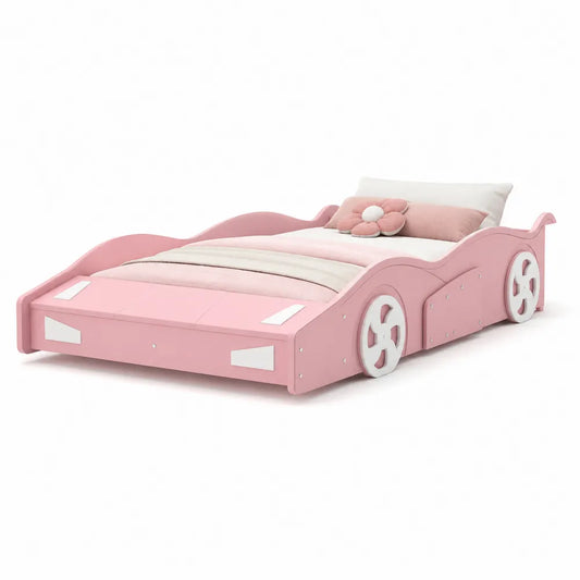 Letto per bambini a forma di auto rosa in legno MDF con cuscino