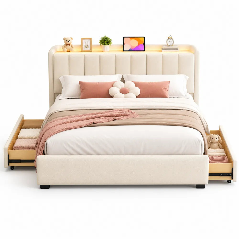 Letto matrimoniale tessuto beige con testiera imbottita e cassetti laterali