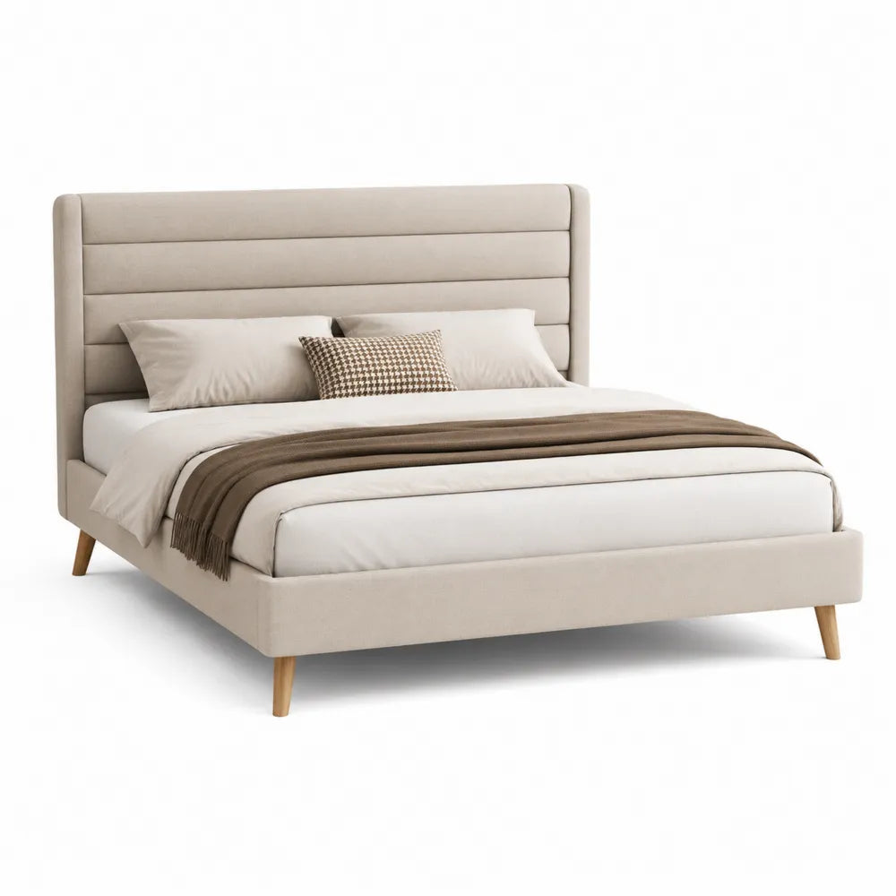Letto matrimoniale in legno e tessuto color Crema